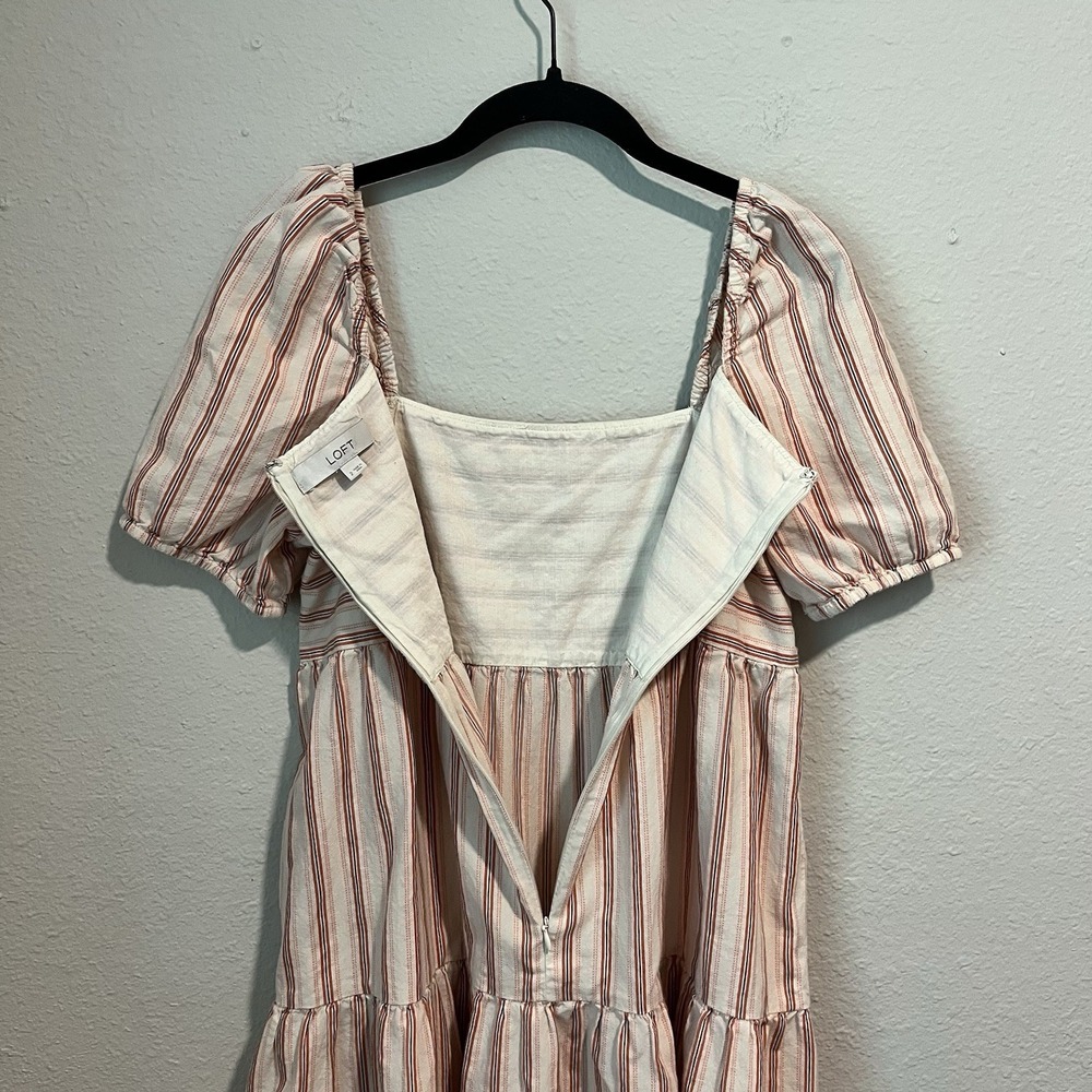 LOFT Women's Mini Dress Size 2 Red Pink Striped Puff Sleeve Babydoll Summery - Picture 9 of 13